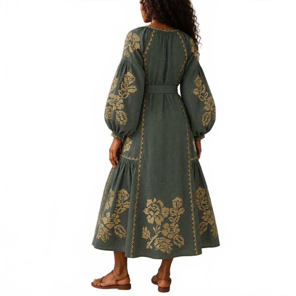 NEW ANNABO elysian garden linen midi dress in deep green - Picture 2 of 4